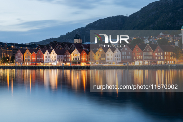 A view of Bryggen, the historic Hanseatic Wharf in Bergen, Norway, at night, on September 16, 2024. Bryggen, a UNESCO World Heritage site, i...