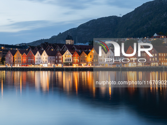 A view of Bryggen, the historic Hanseatic Wharf in Bergen, Norway, at night, on September 16, 2024. Bryggen, a UNESCO World Heritage site, i...