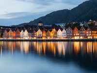 A view of Bryggen, the historic Hanseatic Wharf in Bergen, Norway, at night, on September 16, 2024. Bryggen, a UNESCO World Heritage site, i...