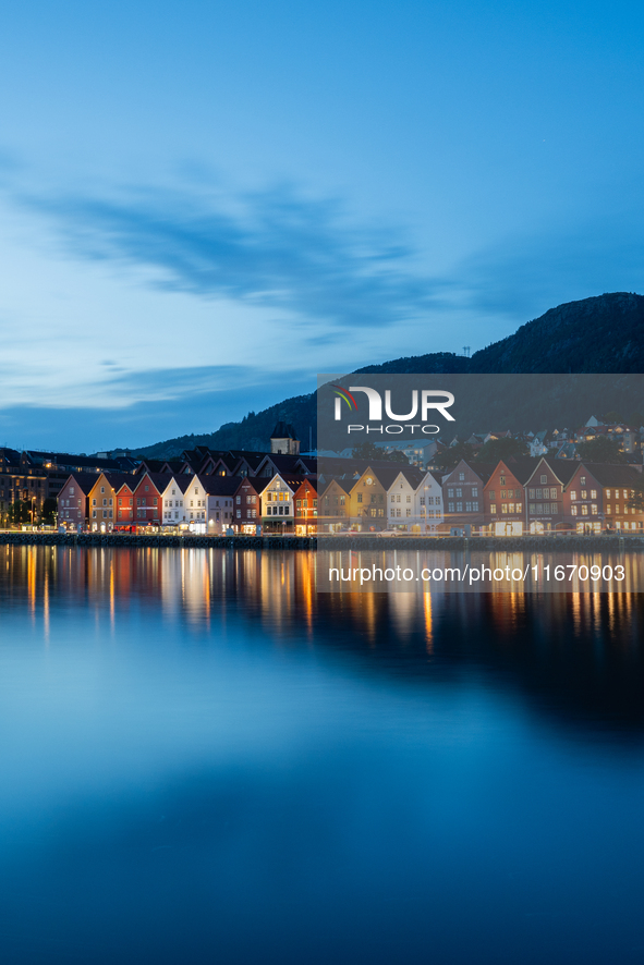 A view of Bryggen, the historic Hanseatic Wharf in Bergen, Norway, at night, on September 16, 2024. Bryggen, a UNESCO World Heritage site, i...