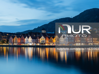 A view of Bryggen, the historic Hanseatic Wharf in Bergen, Norway, at night, on September 16, 2024. Bryggen, a UNESCO World Heritage site, i...