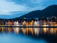 A view of Bryggen, the historic Hanseatic Wharf in Bergen, Norway, at night, on September 16, 2024. Bryggen, a UNESCO World Heritage site, i...