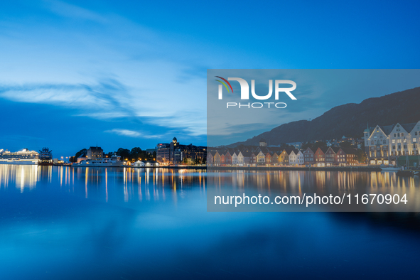 A view of Bryggen, the historic Hanseatic Wharf in Bergen, Norway, at night, on September 16, 2024. Bryggen, a UNESCO World Heritage site, i...