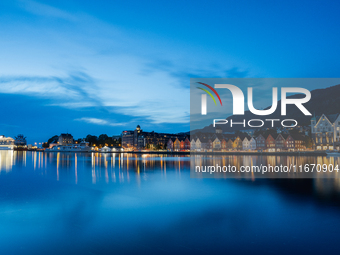 A view of Bryggen, the historic Hanseatic Wharf in Bergen, Norway, at night, on September 16, 2024. Bryggen, a UNESCO World Heritage site, i...