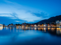 A view of Bryggen, the historic Hanseatic Wharf in Bergen, Norway, at night, on September 16, 2024. Bryggen, a UNESCO World Heritage site, i...