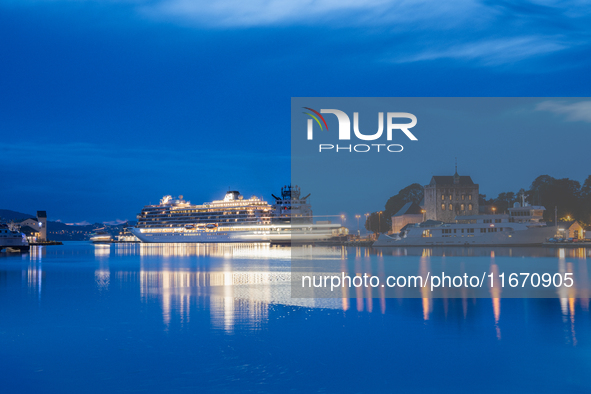 A view of the port of Bergen, Norway, at night, on September 16, 2024. Bryggen, a UNESCO World Heritage site, is one of Bergen's most iconic...