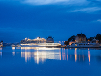 A view of the port of Bergen, Norway, at night, on September 16, 2024. Bryggen, a UNESCO World Heritage site, is one of Bergen's most iconic...