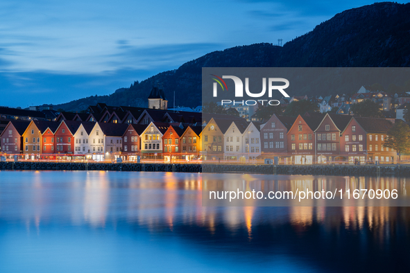 A view of Bryggen, the historic Hanseatic Wharf in Bergen, Norway, at night, on September 16, 2024. Bryggen, a UNESCO World Heritage site, i...