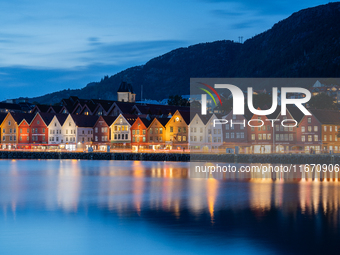 A view of Bryggen, the historic Hanseatic Wharf in Bergen, Norway, at night, on September 16, 2024. Bryggen, a UNESCO World Heritage site, i...