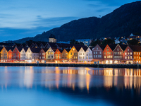 A view of Bryggen, the historic Hanseatic Wharf in Bergen, Norway, at night, on September 16, 2024. Bryggen, a UNESCO World Heritage site, i...