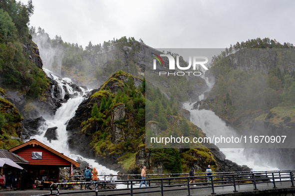 A view of Latefossen waterfall in Odda, Norway, on September 15, 2024. Latefossen, one of Norway's most famous waterfalls, is known for its...