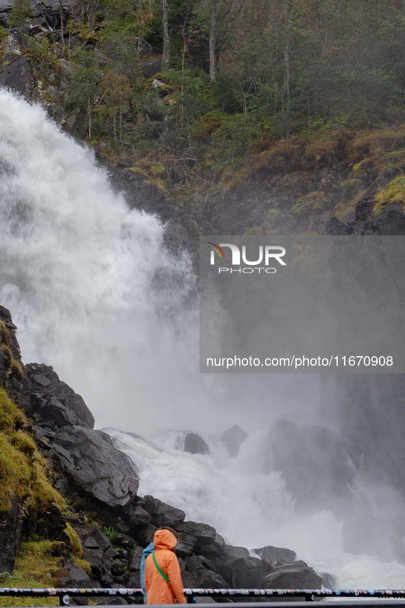 A view of Latefossen waterfall in Odda, Norway, on September 15, 2024. Latefossen, one of Norway's most famous waterfalls, is known for its...