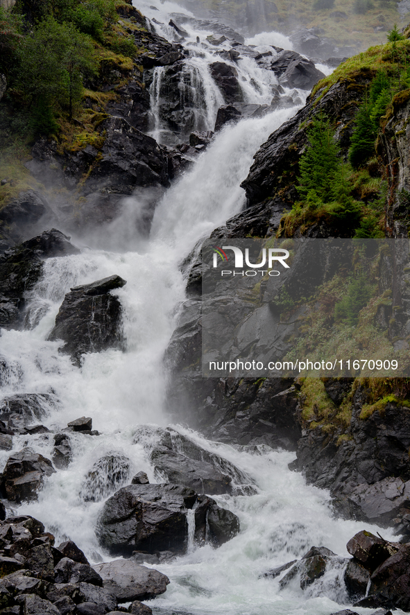 A view of Latefossen waterfall in Odda, Norway, on September 15, 2024. Latefossen, one of Norway's most famous waterfalls, is known for its...