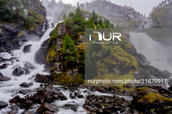 A view of Latefossen waterfall in Odda, Norway, on September 15, 2024. Latefossen, one of Norway's most famous waterfalls, is known for its...