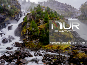 A view of Latefossen waterfall in Odda, Norway, on September 15, 2024. Latefossen, one of Norway's most famous waterfalls, is known for its...