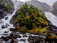 A view of Latefossen waterfall in Odda, Norway, on September 15, 2024. Latefossen, one of Norway's most famous waterfalls, is known for its...