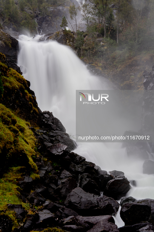 A view of Latefossen waterfall in Odda, Norway, on September 15, 2024. Latefossen, one of Norway's most famous waterfalls, is known for its...