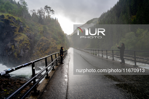 A view of Latefossen waterfall in Odda, Norway, on September 15, 2024. Latefossen, one of Norway's most famous waterfalls, is known for its...