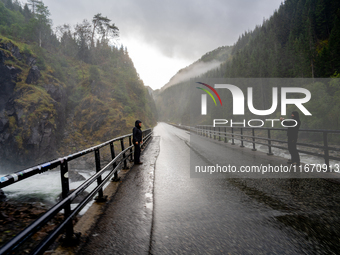 A view of Latefossen waterfall in Odda, Norway, on September 15, 2024. Latefossen, one of Norway's most famous waterfalls, is known for its...