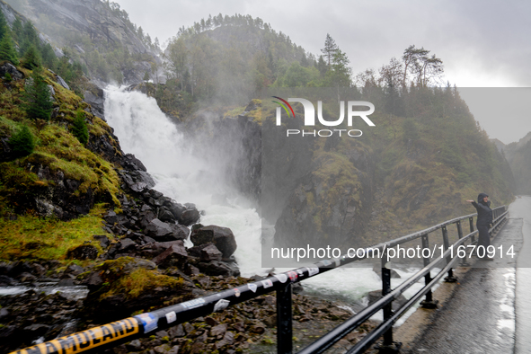 A view of Latefossen waterfall in Odda, Norway, on September 15, 2024. Latefossen, one of Norway's most famous waterfalls, is known for its...