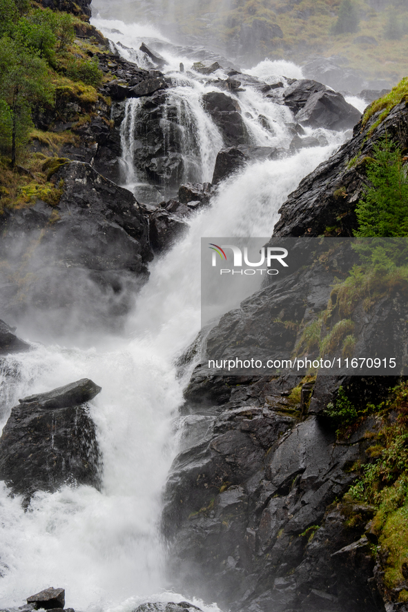 A view of Latefossen waterfall in Odda, Norway, on September 15, 2024. Latefossen, one of Norway's most famous waterfalls, is known for its...