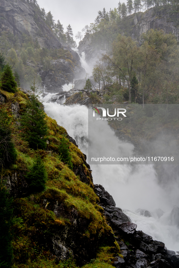 A view of Latefossen waterfall in Odda, Norway, on September 15, 2024. Latefossen, one of Norway's most famous waterfalls, is known for its...