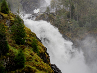 A view of Latefossen waterfall in Odda, Norway, on September 15, 2024. Latefossen, one of Norway's most famous waterfalls, is known for its...