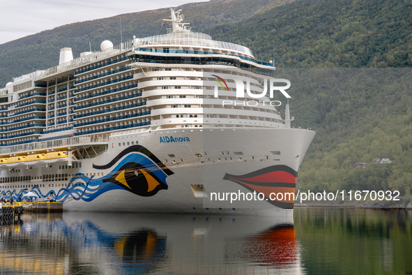 The AIDAnova cruise ship docked in the harbor of Flam, Norway, on September 17, 2024. Flam, located in the Aurlandsfjord, is a popular stop...