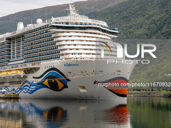 The AIDAnova cruise ship docked in the harbor of Flam, Norway, on September 17, 2024. Flam, located in the Aurlandsfjord, is a popular stop...