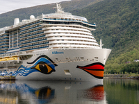 The AIDAnova cruise ship docked in the harbor of Flam, Norway, on September 17, 2024. Flam, located in the Aurlandsfjord, is a popular stop...