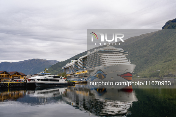 The AIDAnova cruise ship docked in the harbor of Flam, Norway, on September 17, 2024. Flam, located in the Aurlandsfjord, is a popular stop...