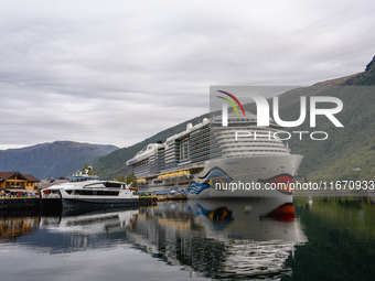 The AIDAnova cruise ship docked in the harbor of Flam, Norway, on September 17, 2024. Flam, located in the Aurlandsfjord, is a popular stop...