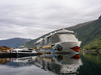 The AIDAnova cruise ship docked in the harbor of Flam, Norway, on September 17, 2024. Flam, located in the Aurlandsfjord, is a popular stop...