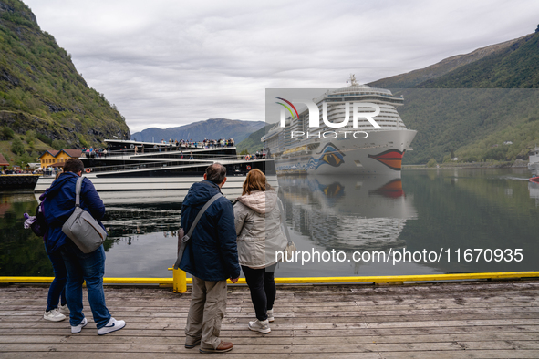 The AIDAnova cruise ship docked in the harbor of Flam, Norway, on September 17, 2024. Flam, located in the Aurlandsfjord, is a popular stop...