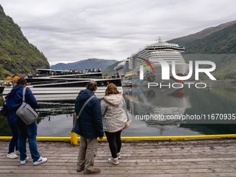 The AIDAnova cruise ship docked in the harbor of Flam, Norway, on September 17, 2024. Flam, located in the Aurlandsfjord, is a popular stop...