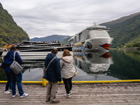 The AIDAnova cruise ship docked in the harbor of Flam, Norway, on September 17, 2024. Flam, located in the Aurlandsfjord, is a popular stop...