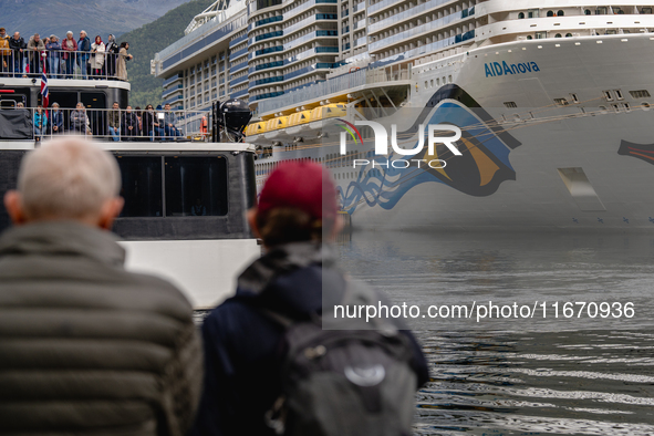 The AIDAnova cruise ship docked in the harbor of Flam, Norway, on September 17, 2024. Flam, located in the Aurlandsfjord, is a popular stop...