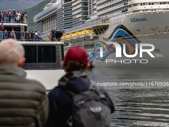 The AIDAnova cruise ship docked in the harbor of Flam, Norway, on September 17, 2024. Flam, located in the Aurlandsfjord, is a popular stop...