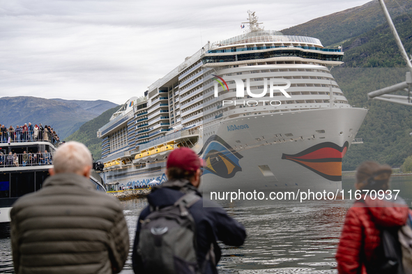 The AIDAnova cruise ship docked in the harbor of Flam, Norway, on September 17, 2024. Flam, located in the Aurlandsfjord, is a popular stop...