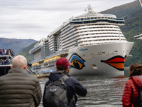 The AIDAnova cruise ship docked in the harbor of Flam, Norway, on September 17, 2024. Flam, located in the Aurlandsfjord, is a popular stop...