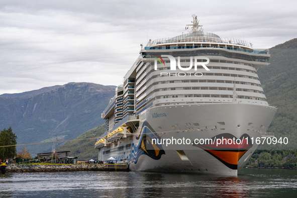 The AIDAnova cruise ship docked in the harbor of Flam, Norway, on September 17, 2024. Flam, located in the Aurlandsfjord, is a popular stop...