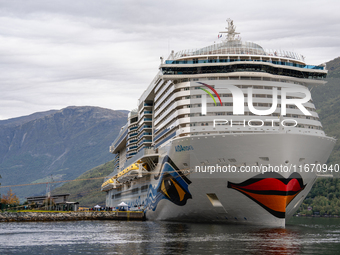 The AIDAnova cruise ship docked in the harbor of Flam, Norway, on September 17, 2024. Flam, located in the Aurlandsfjord, is a popular stop...