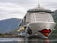 The AIDAnova cruise ship docked in the harbor of Flam, Norway, on September 17, 2024. Flam, located in the Aurlandsfjord, is a popular stop...