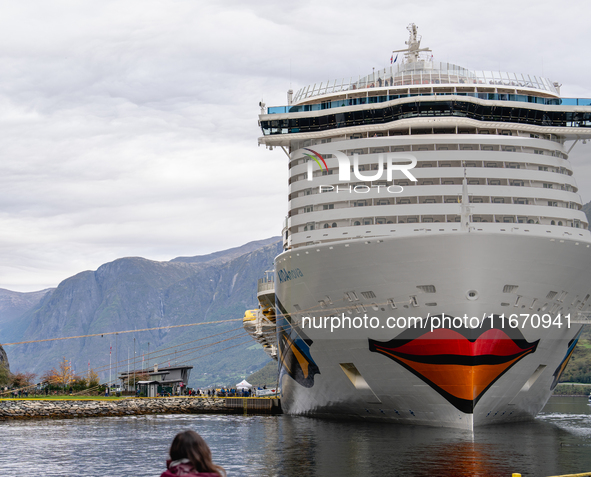 The AIDAnova cruise ship docked in the harbor of Flam, Norway, on September 17, 2024. Flam, located in the Aurlandsfjord, is a popular stop...