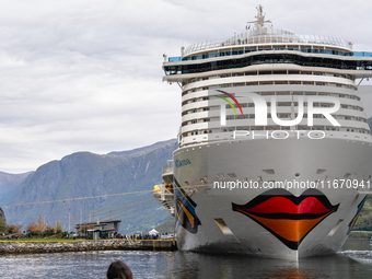 The AIDAnova cruise ship docked in the harbor of Flam, Norway, on September 17, 2024. Flam, located in the Aurlandsfjord, is a popular stop...