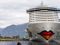 The AIDAnova cruise ship docked in the harbor of Flam, Norway, on September 17, 2024. Flam, located in the Aurlandsfjord, is a popular stop...