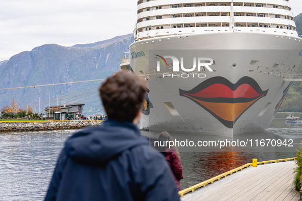 The AIDAnova cruise ship docked in the harbor of Flam, Norway, on September 17, 2024. Flam, located in the Aurlandsfjord, is a popular stop...