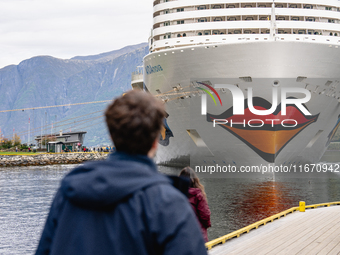 The AIDAnova cruise ship docked in the harbor of Flam, Norway, on September 17, 2024. Flam, located in the Aurlandsfjord, is a popular stop...