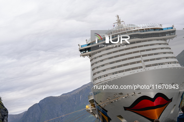 The AIDAnova cruise ship docked in the harbor of Flam, Norway, on September 17, 2024. Flam, located in the Aurlandsfjord, is a popular stop...