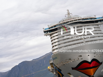 The AIDAnova cruise ship docked in the harbor of Flam, Norway, on September 17, 2024. Flam, located in the Aurlandsfjord, is a popular stop...